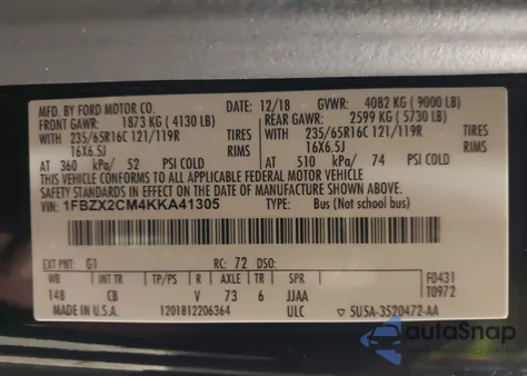 2019 Ford Transit-350 Xlt z USA, uszkodzony, nr VIN 1FBZX2CM4KKA41305